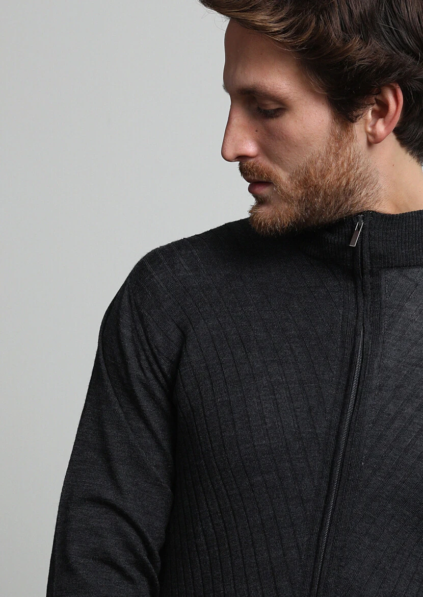 Hard Coal Mock-Turtleneck Jacquard 100% Wool Cardigan - 2