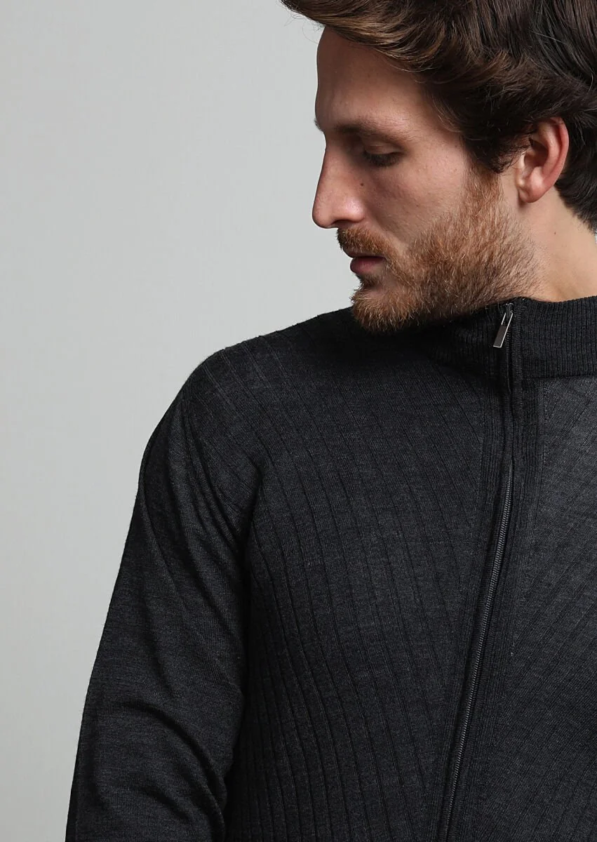 Hard Coal Mock-Turtleneck Jacquard 100% Wool Cardigan - 2