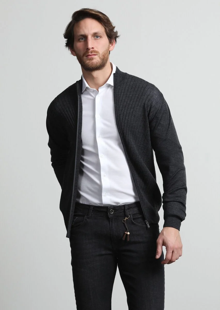 Hard Coal Mock-Turtleneck Jacquard 100% Wool Cardigan - 3