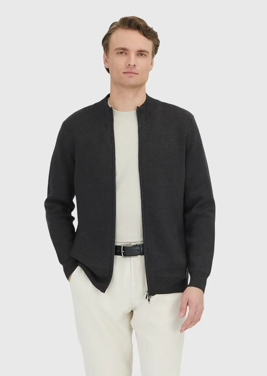 Hard Coal Mock-Turtleneck Plain Knitting Cotton Blended Cardigan - 1