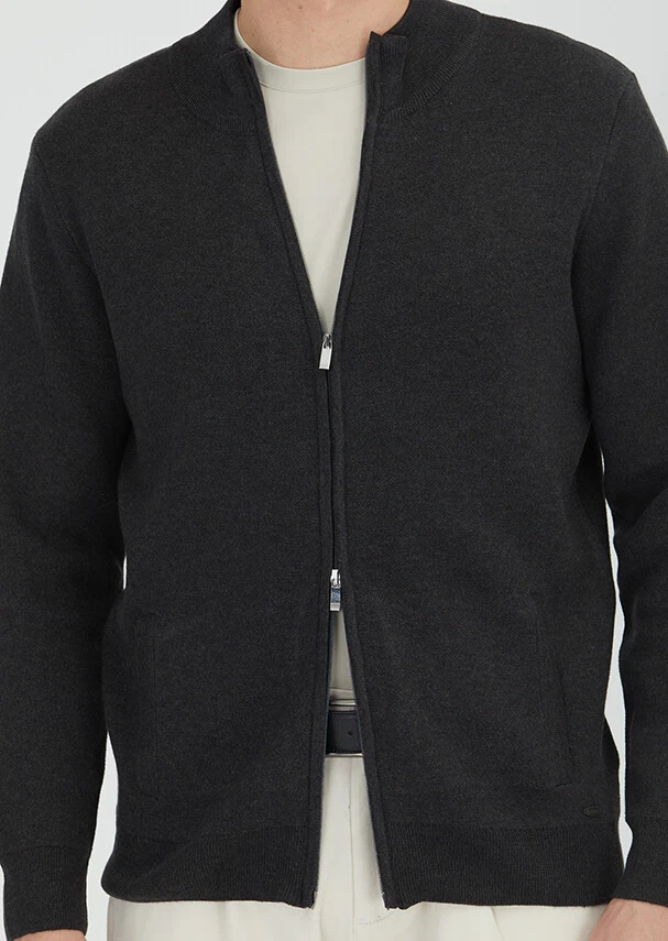 Hard Coal Mock-Turtleneck Plain Knitting Cotton Blended Cardigan - 3