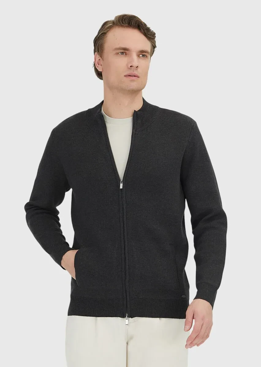 Hard Coal Mock-Turtleneck Plain Knitting Cotton Blended Cardigan - 4