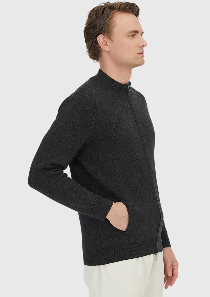 Hard Coal Mock-Turtleneck Plain Knitting Cotton Blended Cardigan - 5