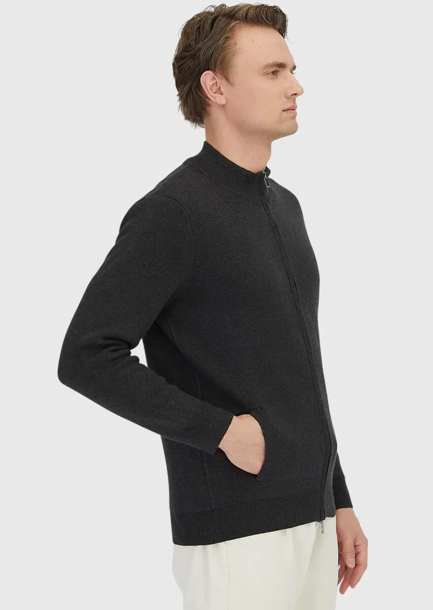 Hard Coal Mock-Turtleneck Plain Knitting Cotton Blended Cardigan - 5