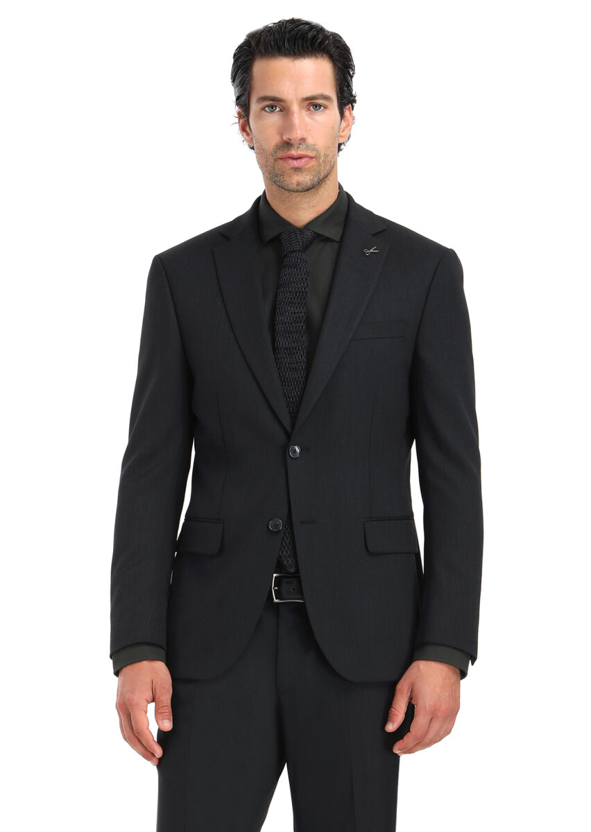 Hard Coal Patterned Modern Fit Wool Blended Suit - 3