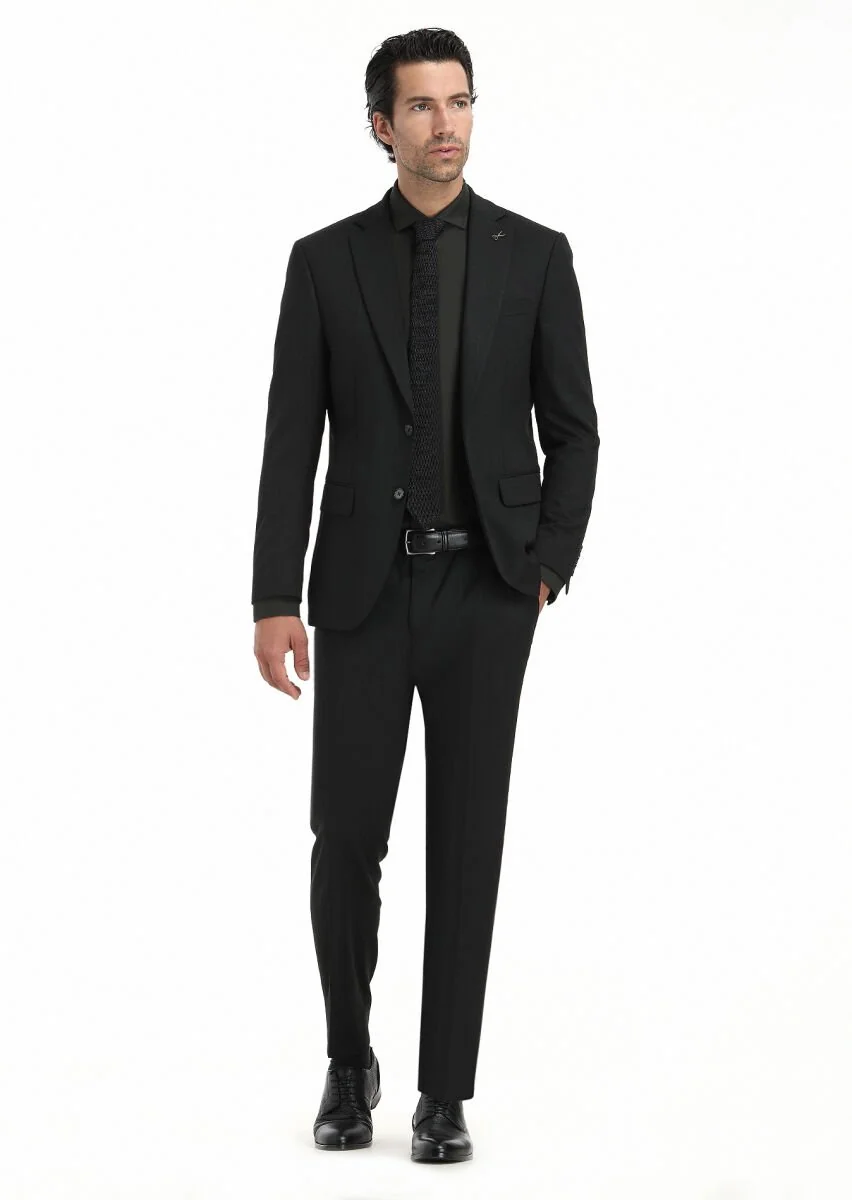 Hard Coal Patterned Modern Fit Wool Blended Suit - 1