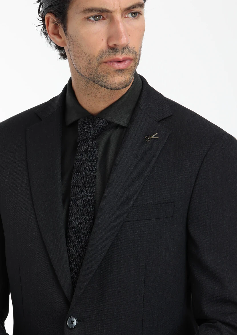 Hard Coal Patterned Modern Fit Wool Blended Suit - 2