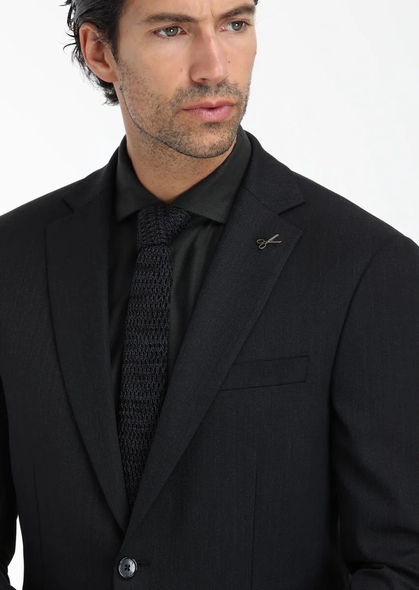 Hard Coal Patterned Modern Fit Wool Blended Suit - 2