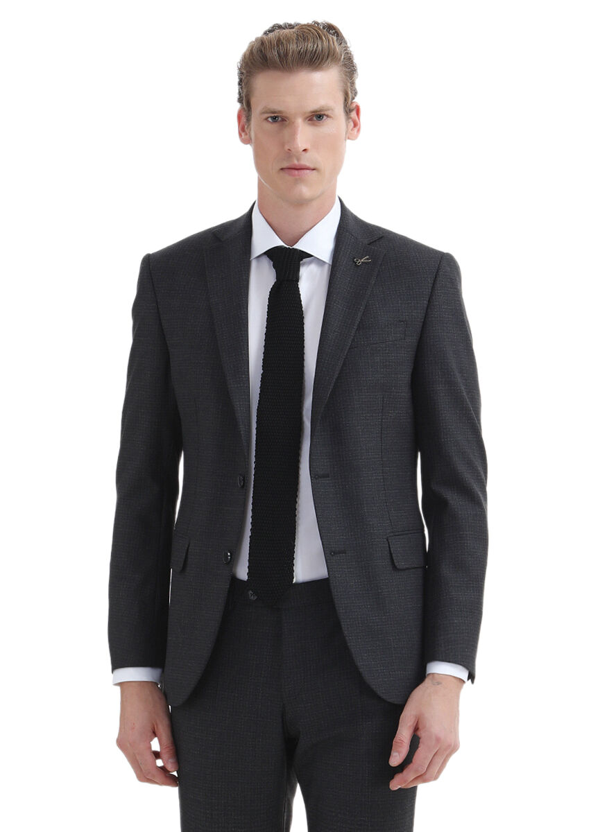 Hard Coal Patterned Modern Fit Wool Blended Suit - 2