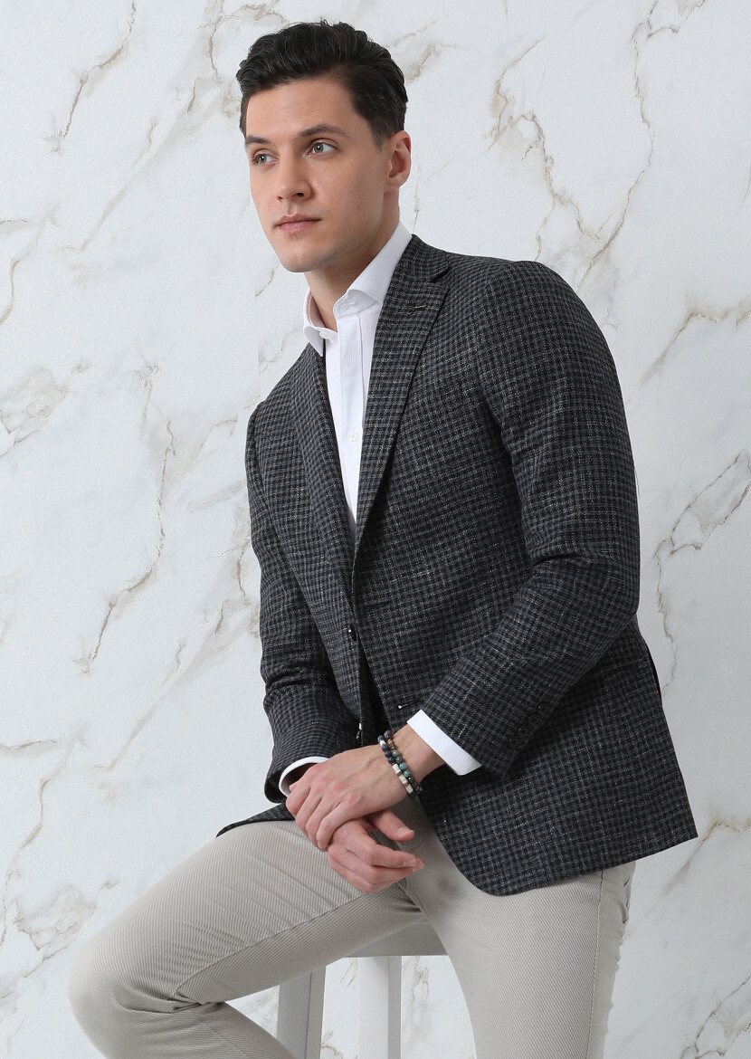 Hard Coal Patterned Regular Fit Silk Blended Jacket - 1