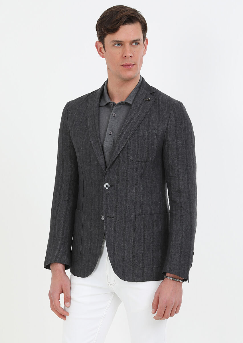 Hard Coal Patterned Shirt Shoulder Slim Fit 100% Linen Jacket - 1