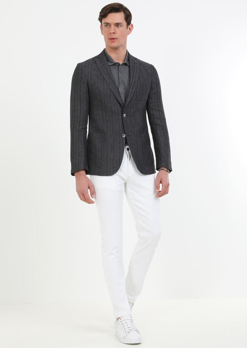 Hard Coal Patterned Shirt Shoulder Slim Fit 100% Linen Jacket - 2