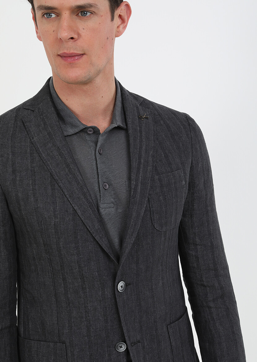 Hard Coal Patterned Shirt Shoulder Slim Fit 100% Linen Jacket - 3