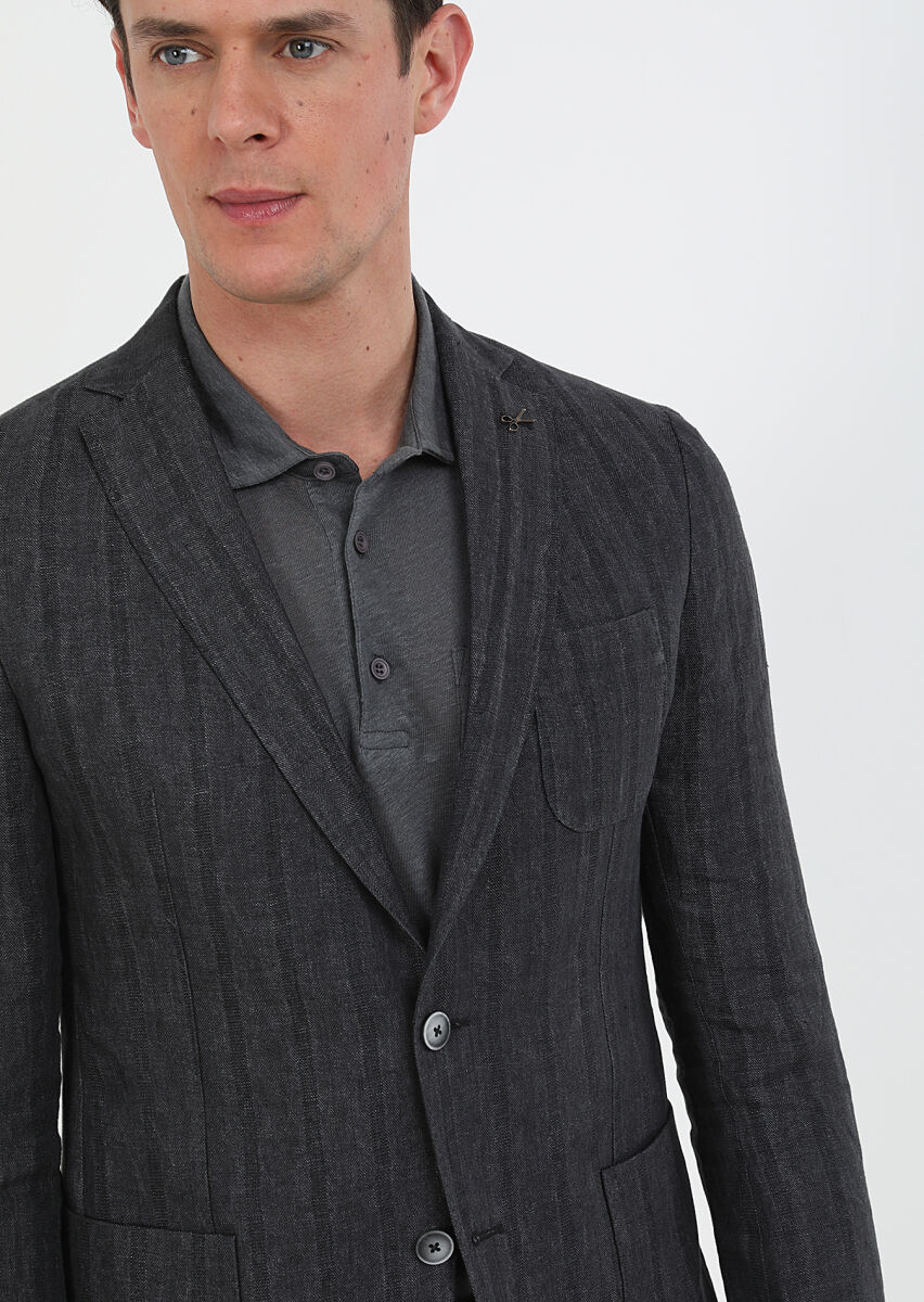 Hard Coal Patterned Shirt Shoulder Slim Fit 100% Linen Jacket - 3