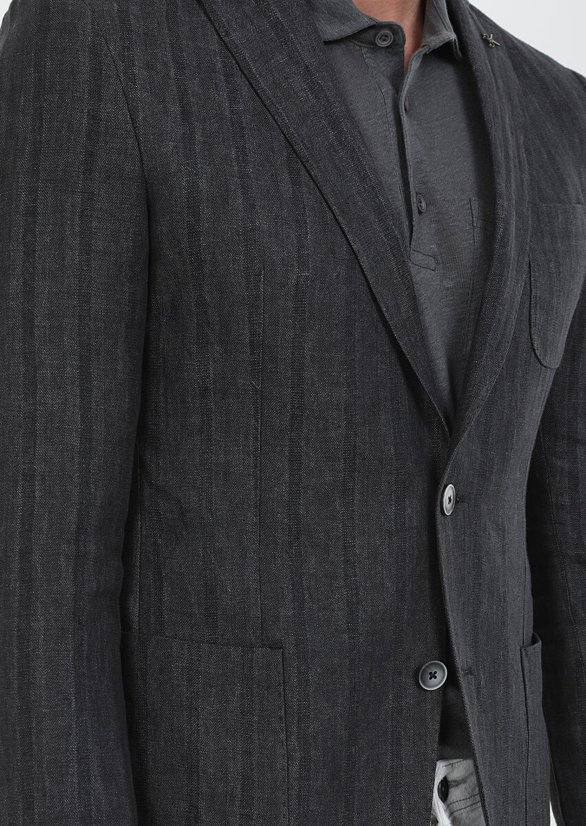 Hard Coal Patterned Shirt Shoulder Slim Fit 100% Linen Jacket - 4