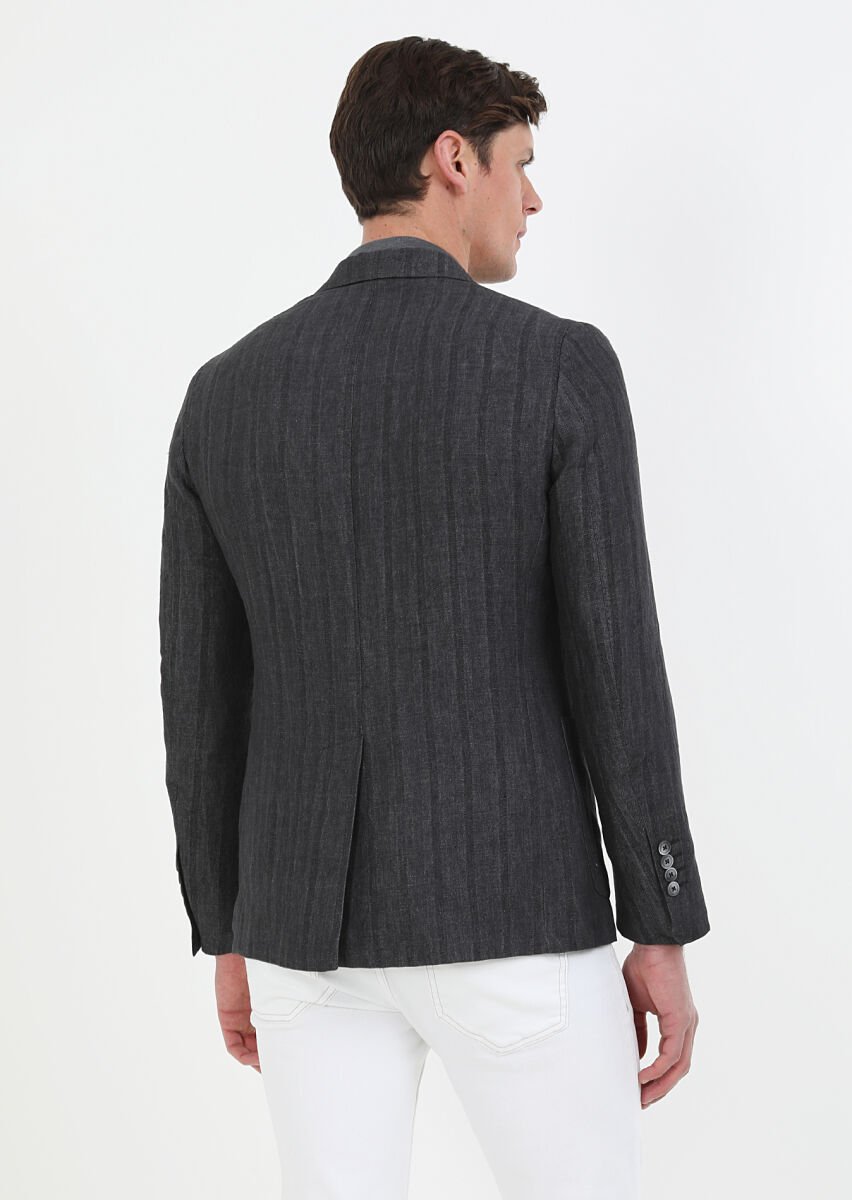 Hard Coal Patterned Shirt Shoulder Slim Fit 100% Linen Jacket - 6