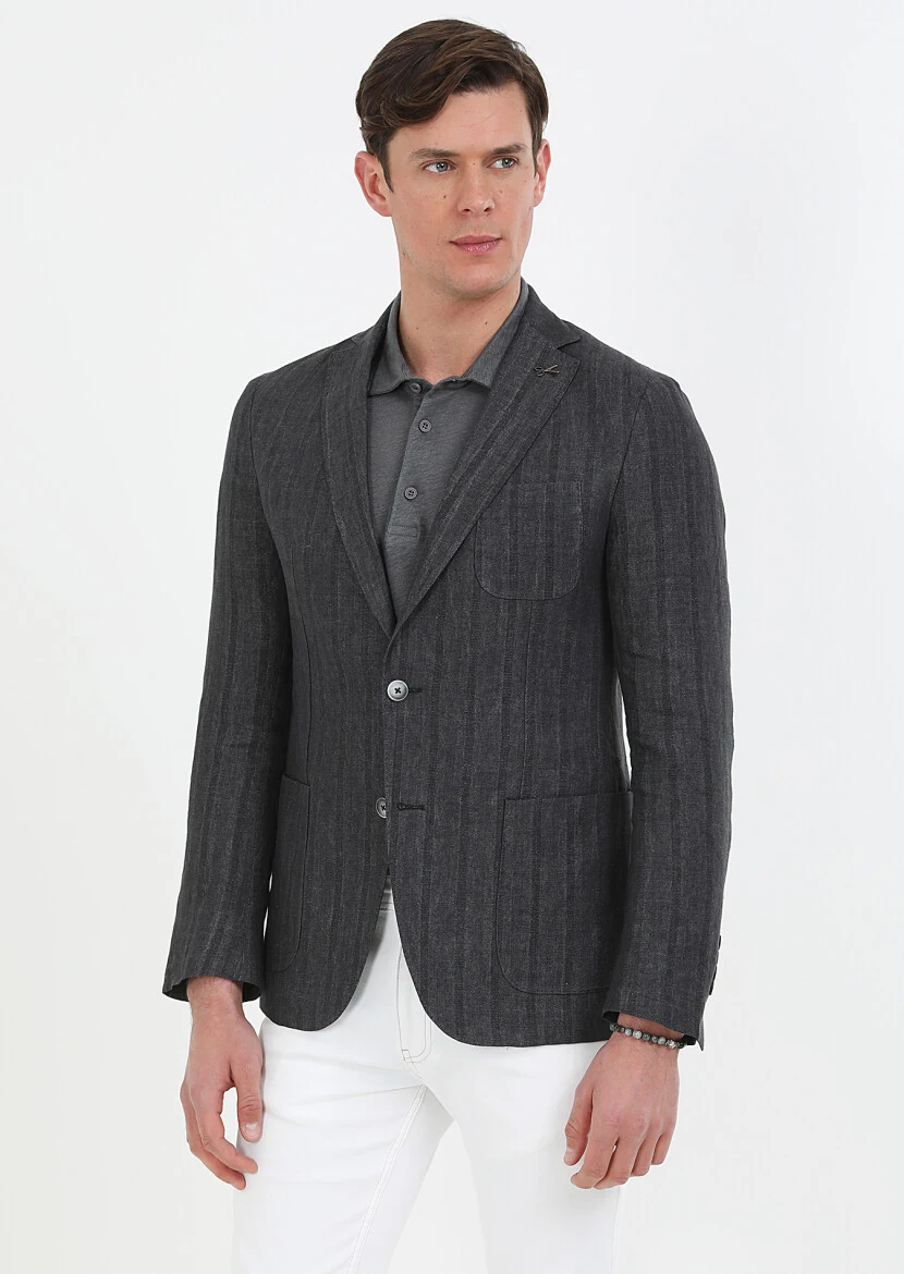 Hard Coal Patterned Shirt Shoulder Slim Fit 100% Linen Jacket - 1