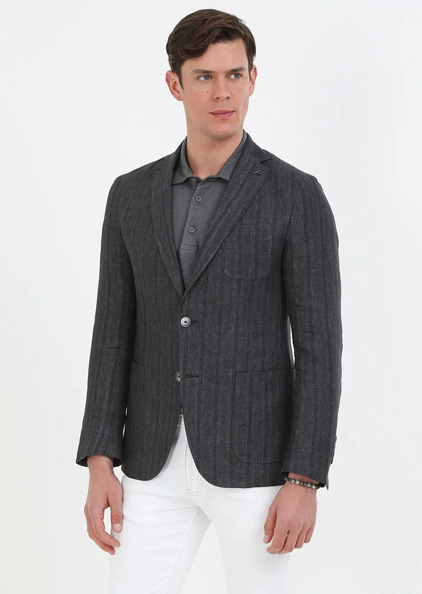 Hard Coal Patterned Shirt Shoulder Slim Fit 100% Linen Jacket - 1