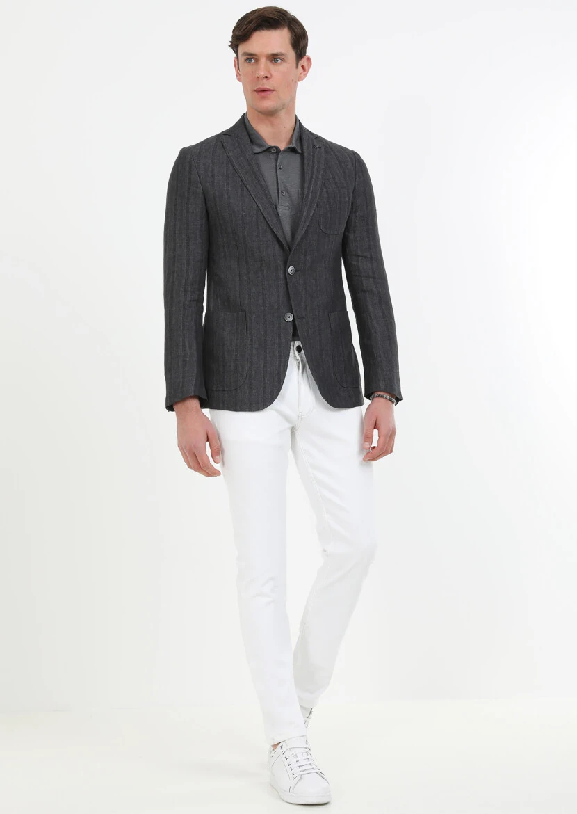 Hard Coal Patterned Shirt Shoulder Slim Fit 100% Linen Jacket - 2