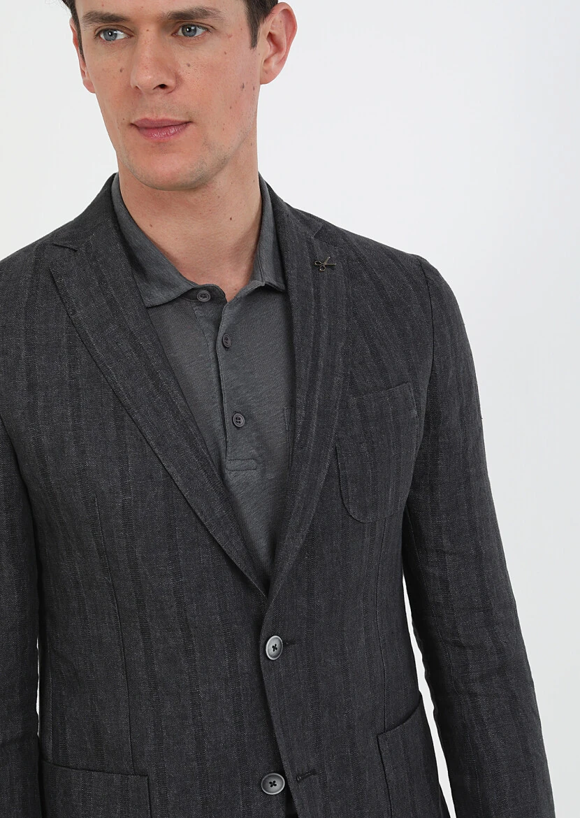 Hard Coal Patterned Shirt Shoulder Slim Fit 100% Linen Jacket - 3