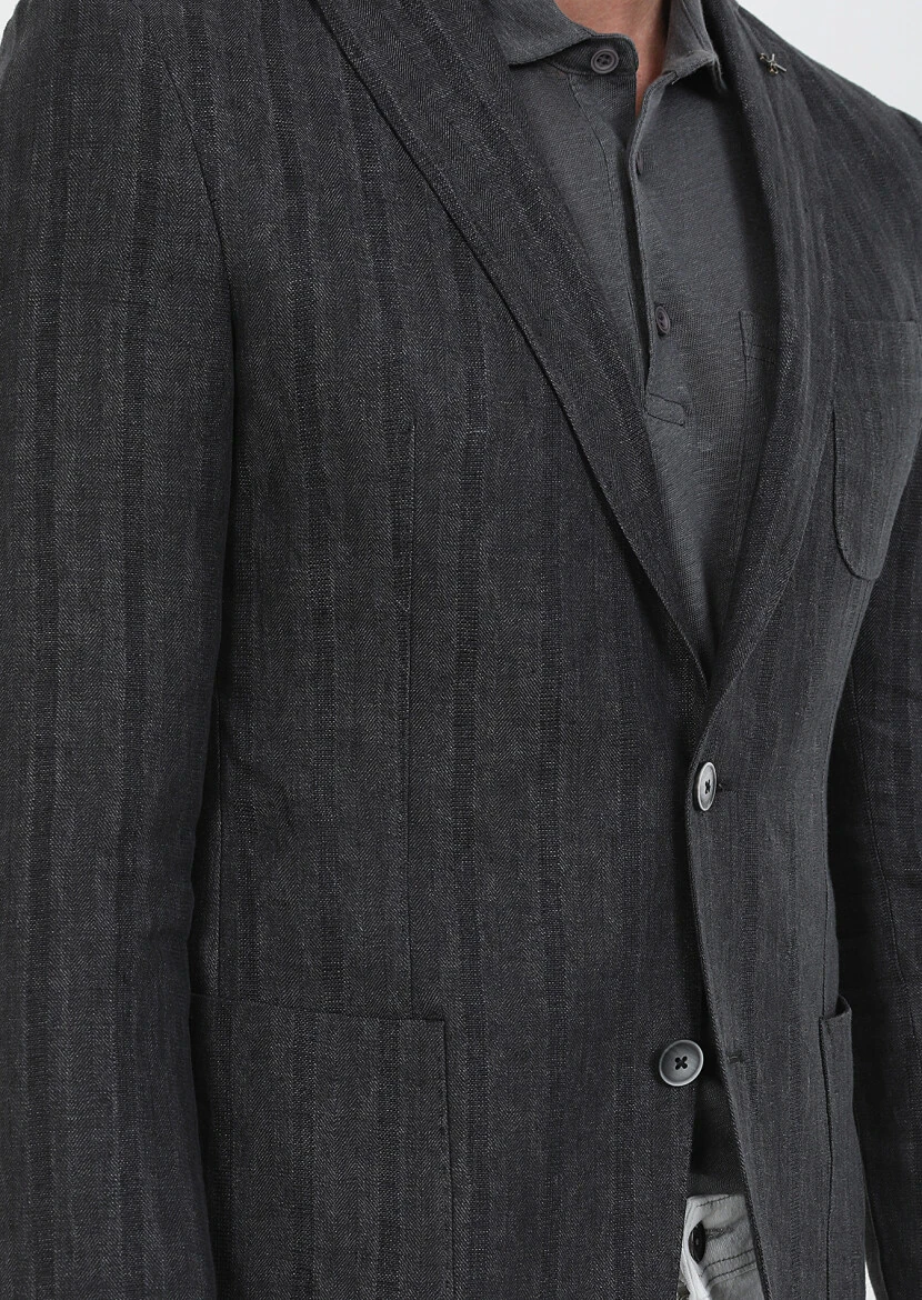 Hard Coal Patterned Shirt Shoulder Slim Fit 100% Linen Jacket - 4