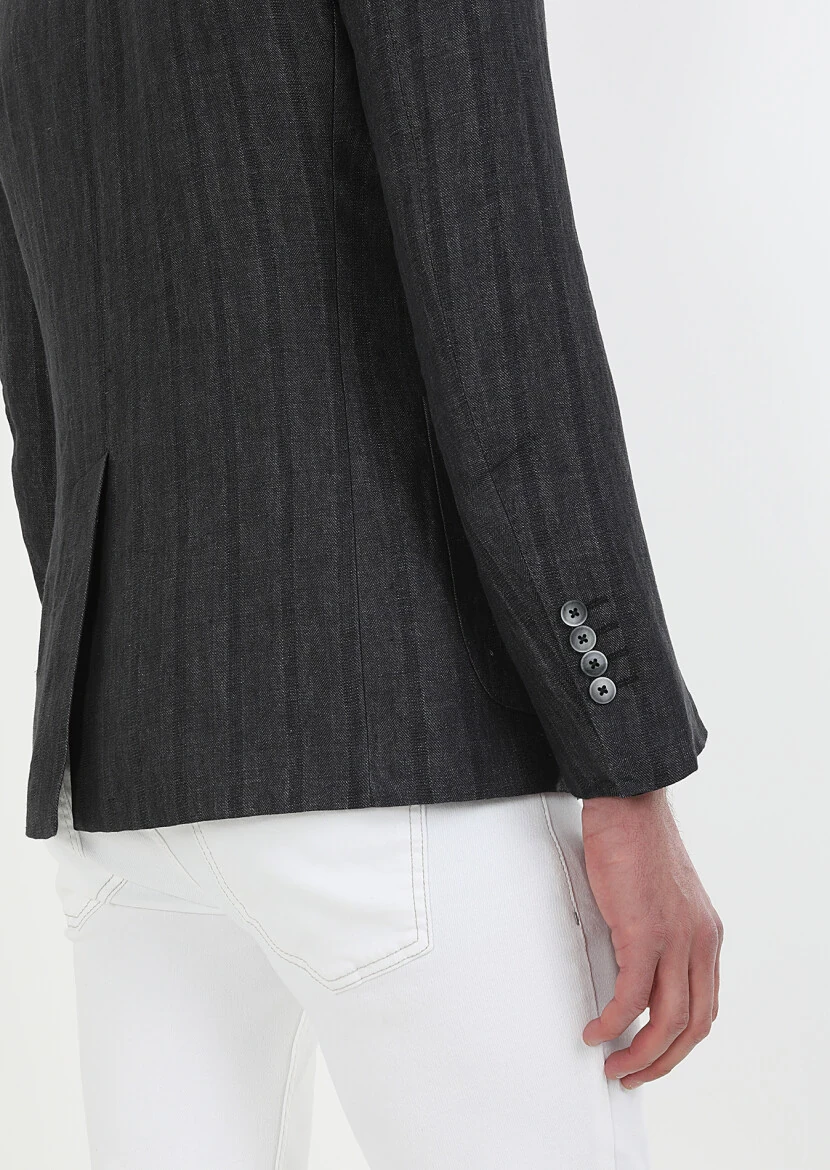 Hard Coal Patterned Shirt Shoulder Slim Fit 100% Linen Jacket - 5