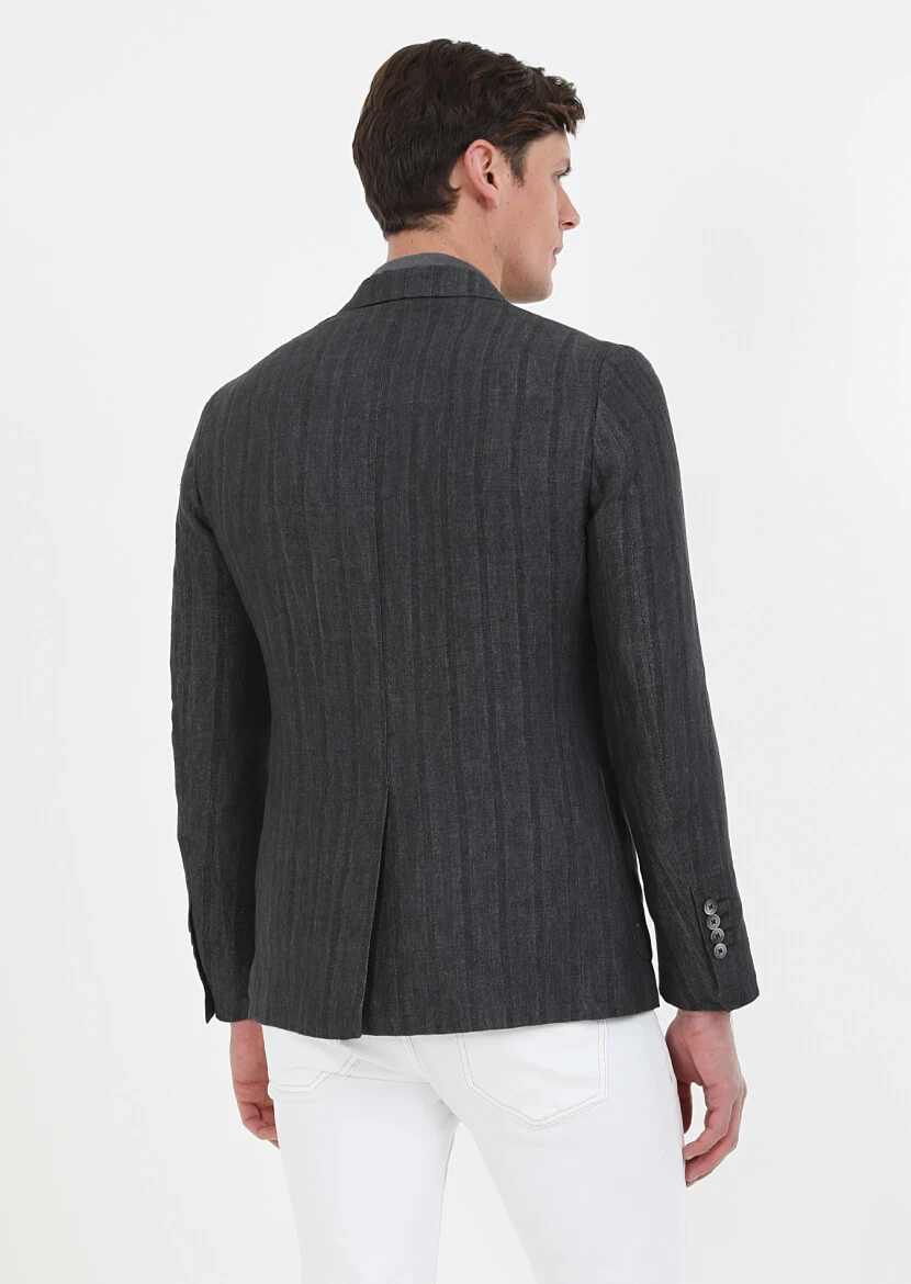 Hard Coal Patterned Shirt Shoulder Slim Fit 100% Linen Jacket - 6