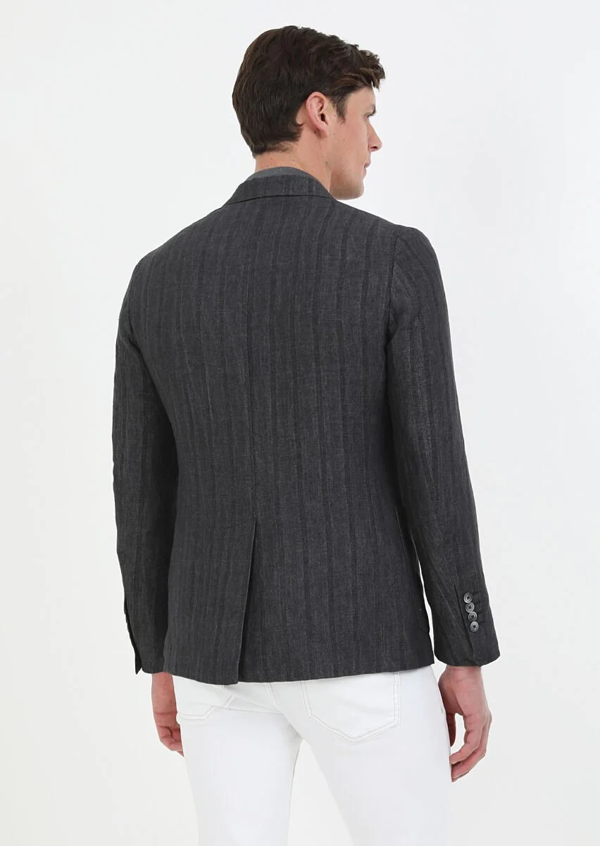 Hard Coal Patterned Shirt Shoulder Slim Fit 100% Linen Jacket - 6