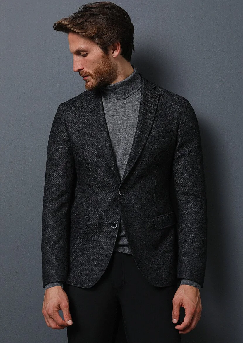 Hard Coal Patterned Shirt Shoulder Slim Fit Wool Blended Jacket - 3