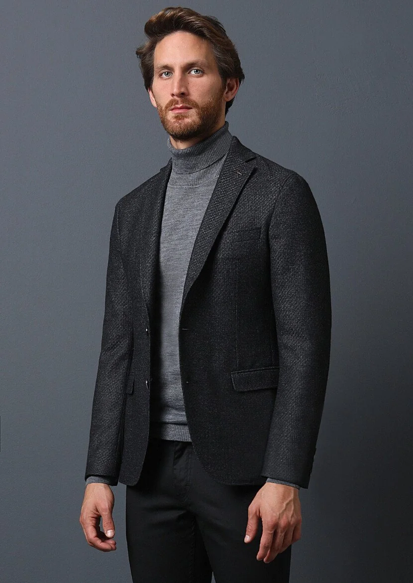 Hard Coal Patterned Shirt Shoulder Slim Fit Wool Blended Jacket - 4