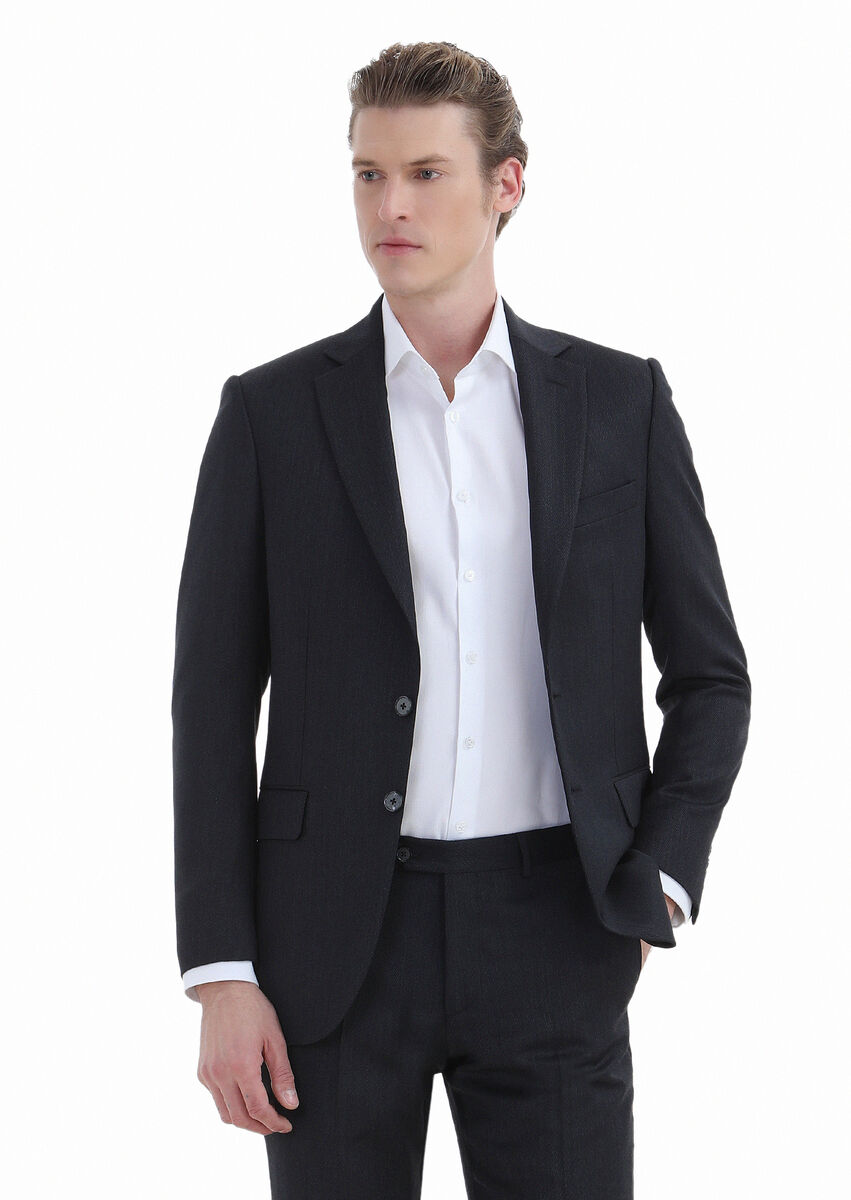 Hard Coal Patterned Thin&Taller Slim Fit 100% Wool Suit - 2