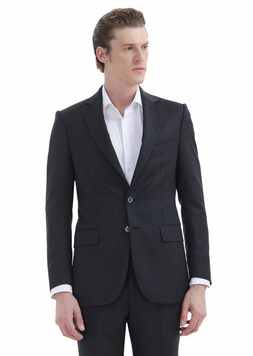 Hard Coal Patterned Thin&Taller Slim Fit 100% Wool Suit - 3