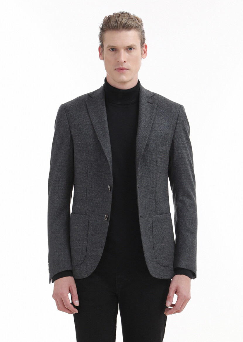 Hard Coal Patterned Zeroweight Slim Fit 100% Wool Jacket - 1