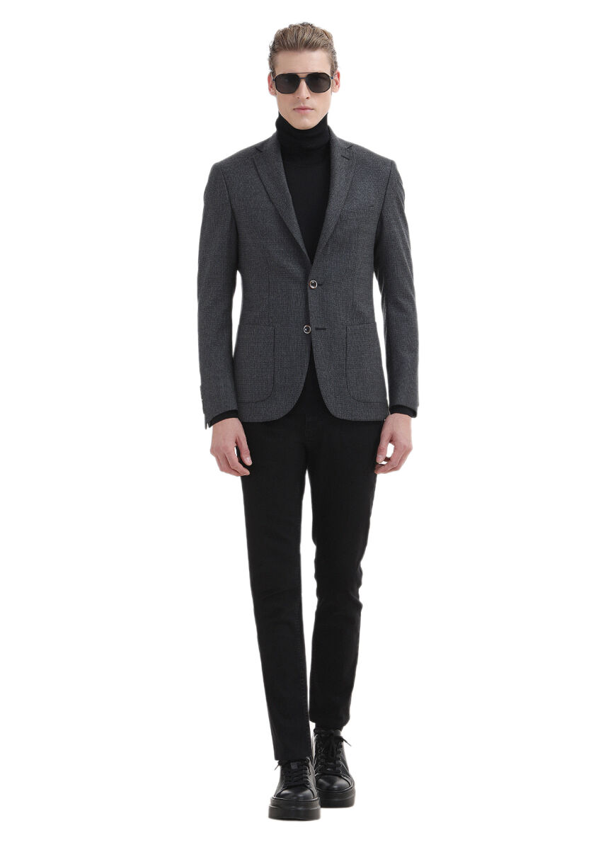 Hard Coal Patterned Zeroweight Slim Fit 100% Wool Jacket - 2