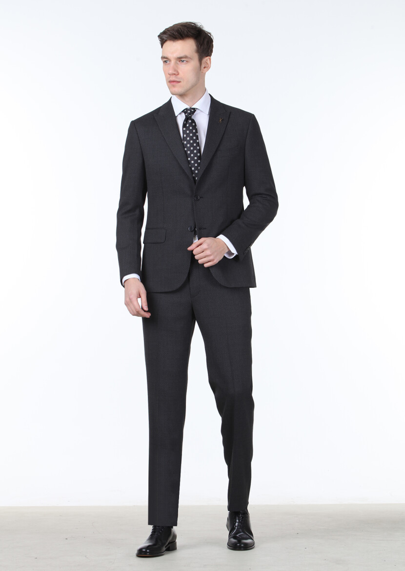 Hard Coal Patterned Zeroweight Slim Fit Wool Blended Suit - 1