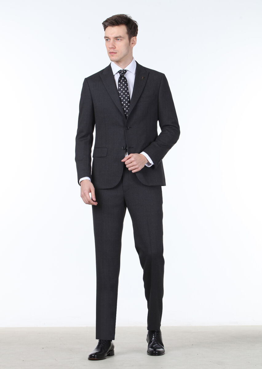 Hard Coal Patterned Zeroweight Slim Fit Wool Blended Suit - 1
