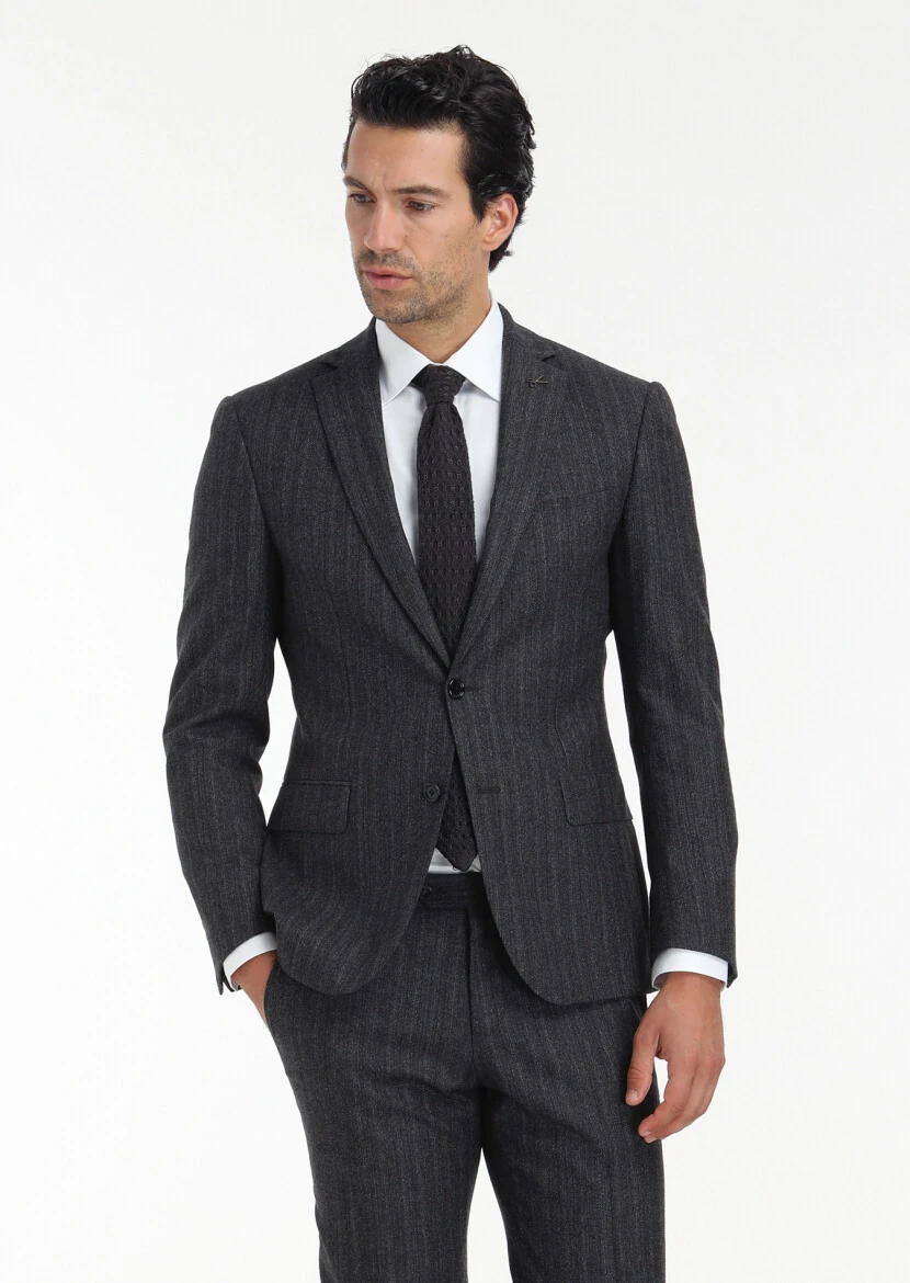 Hard Coal Patterned Zeroweight Slim Fit Wool Blended Suit - 7