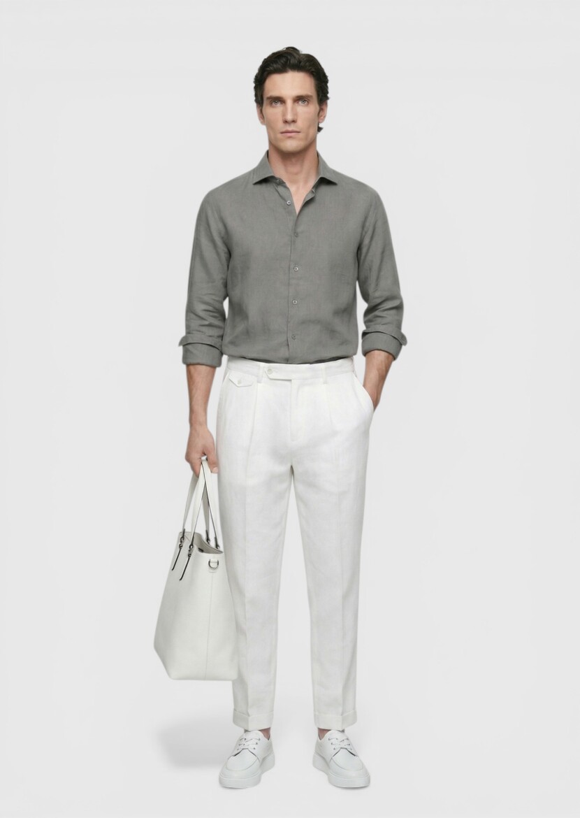 Hard Coal Plain Casual Fit Long Weaving Casual 100% Linen Shirt - 2