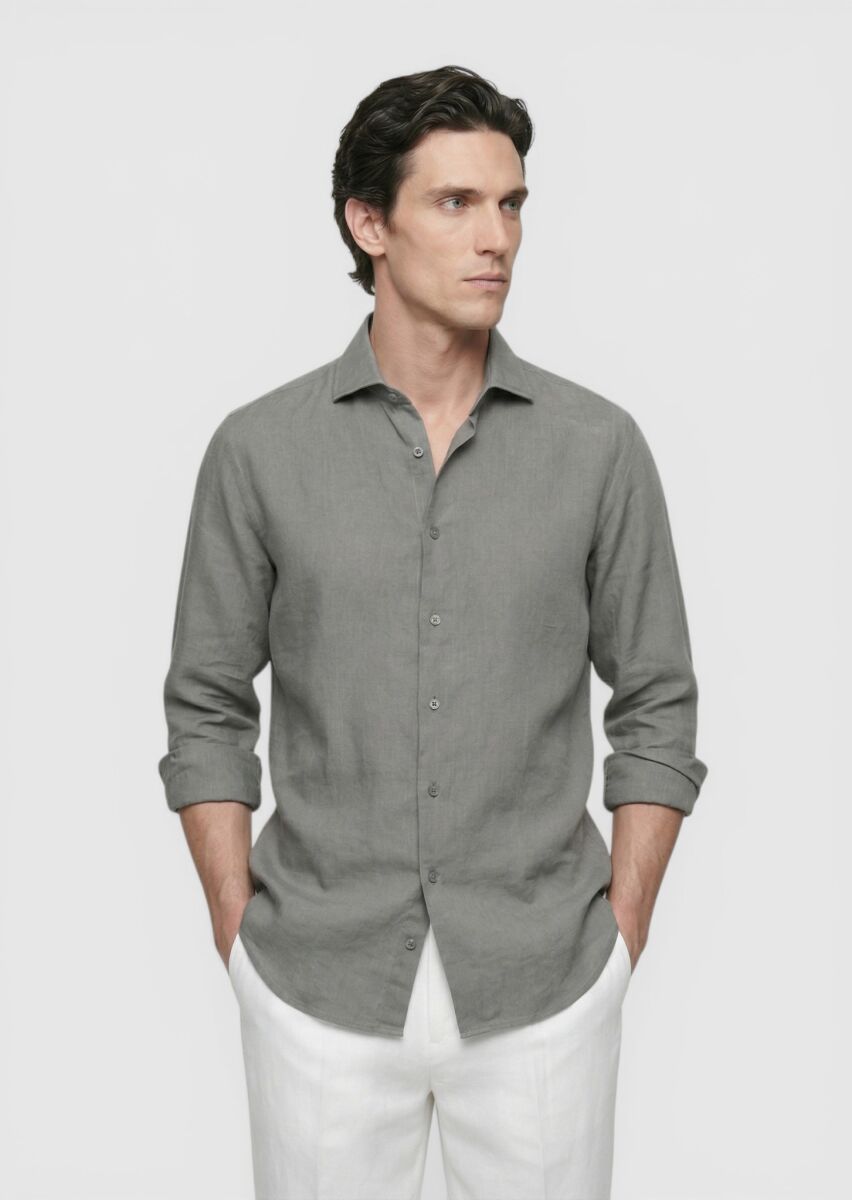 Hard Coal Plain Casual Fit Long Weaving Casual 100% Linen Shirt - 1