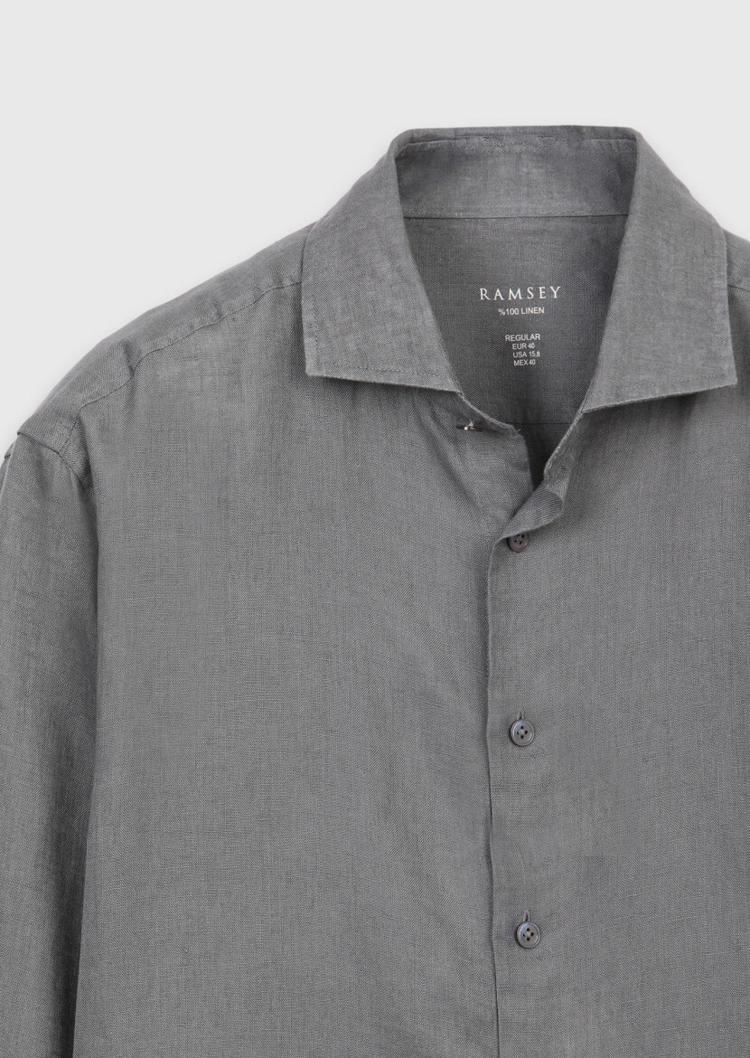Hard Coal Plain Casual Fit Long Weaving Casual 100% Linen Shirt - 7