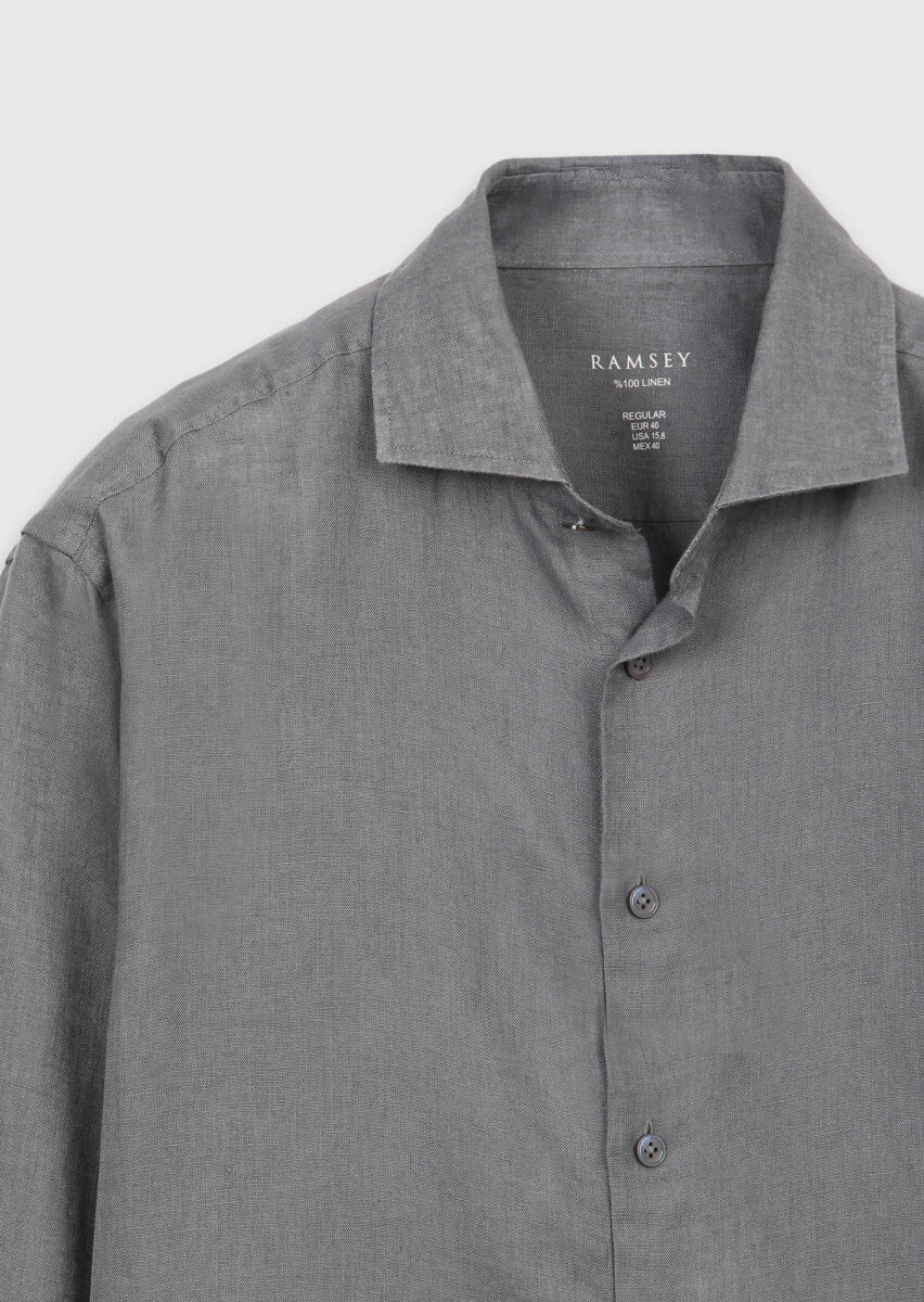 Hard Coal Plain Casual Fit Long Weaving Casual 100% Linen Shirt - 7