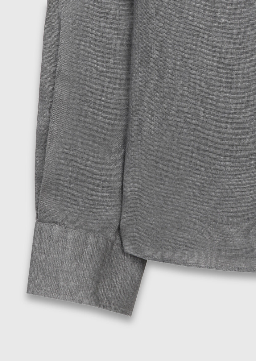 Hard Coal Plain Casual Fit Long Weaving Casual 100% Linen Shirt - 8