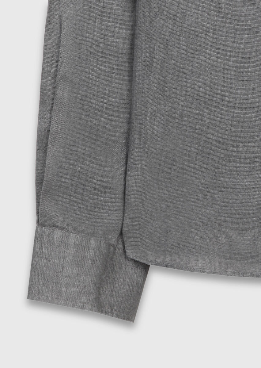 Hard Coal Plain Casual Fit Long Weaving Casual 100% Linen Shirt - 8