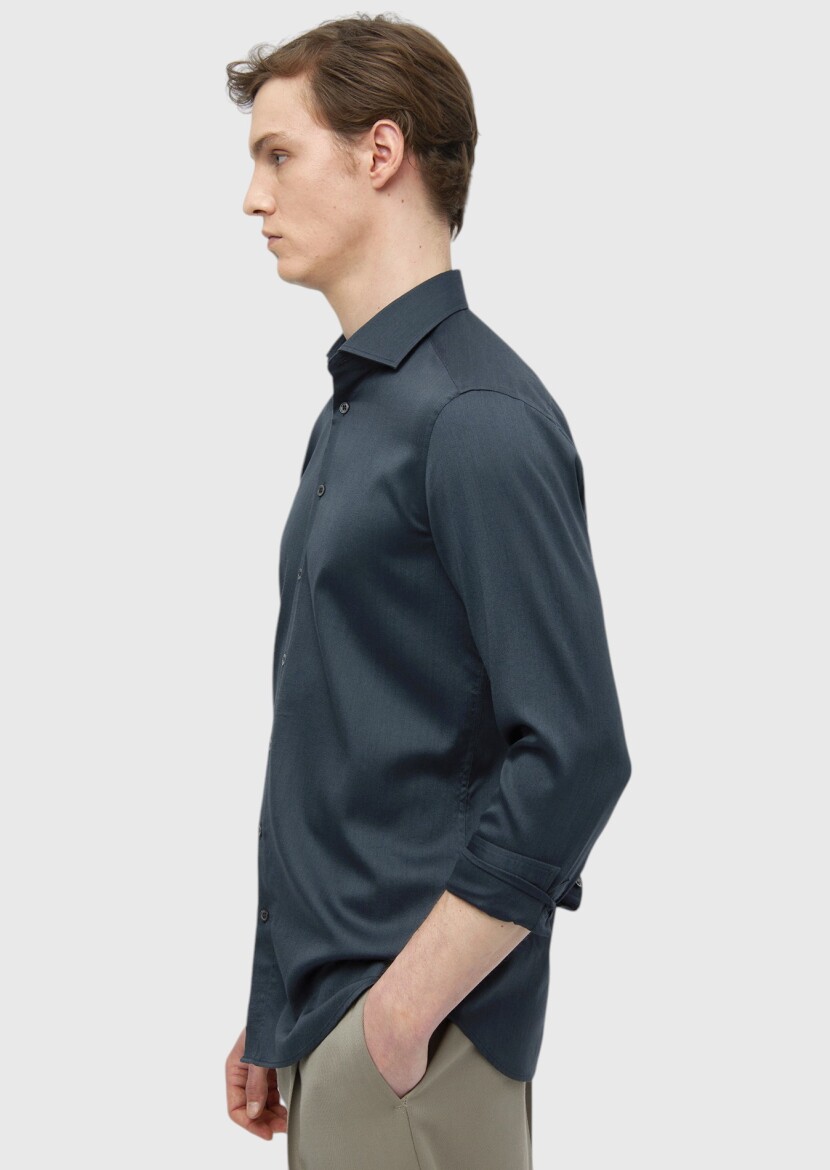 Hard Coal Plain Casual Fit Long Weaving Casual Silk Blended Shirt - 4