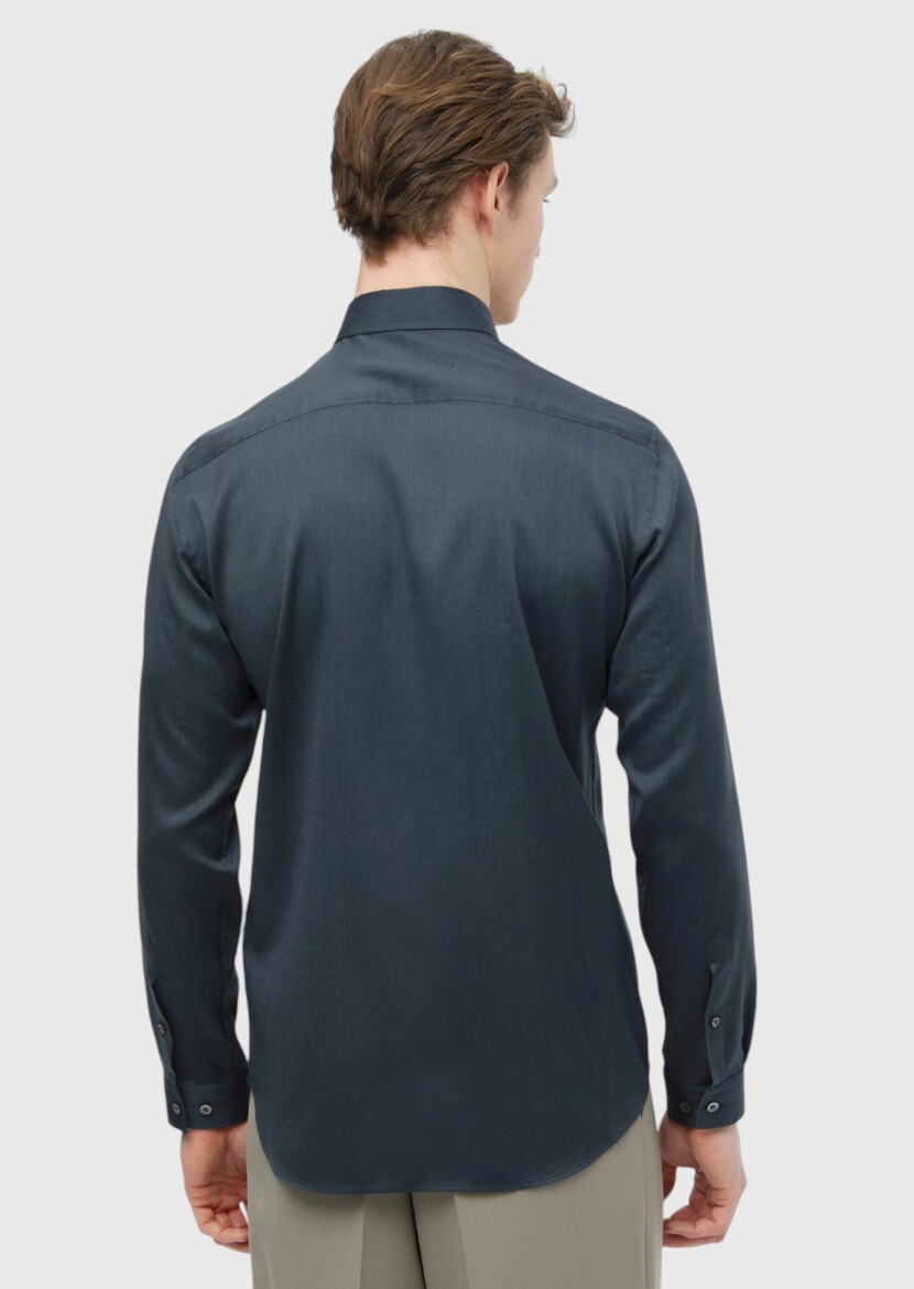 Hard Coal Plain Casual Fit Long Weaving Casual Silk Blended Shirt - 6