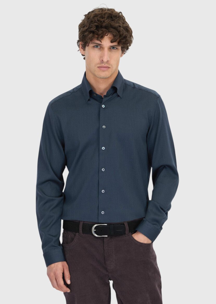 Hard Coal Plain Casual Fit Long Weaving Casual Silk Blended Shirt - 1