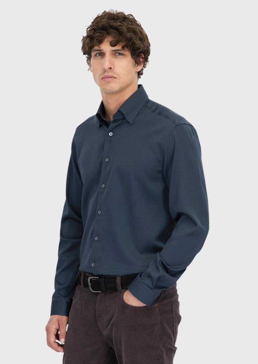 Hard Coal Plain Casual Fit Long Weaving Casual Silk Blended Shirt - 3