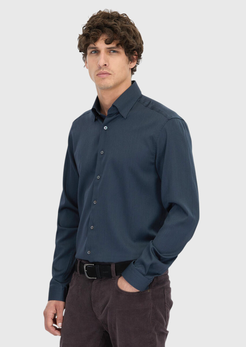 Hard Coal Plain Casual Fit Long Weaving Casual Silk Blended Shirt - 3