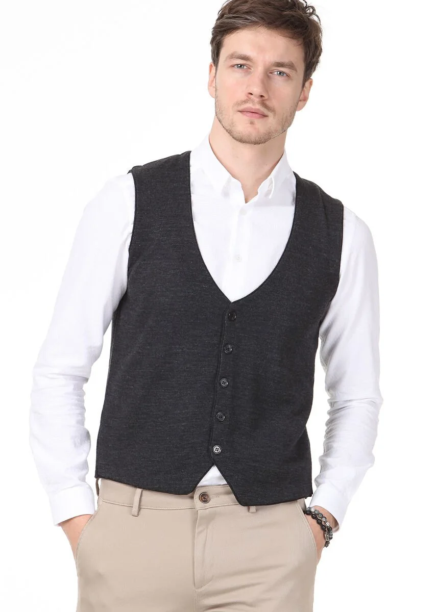 Hard Coal Plain Knitting Knit Vest - 2