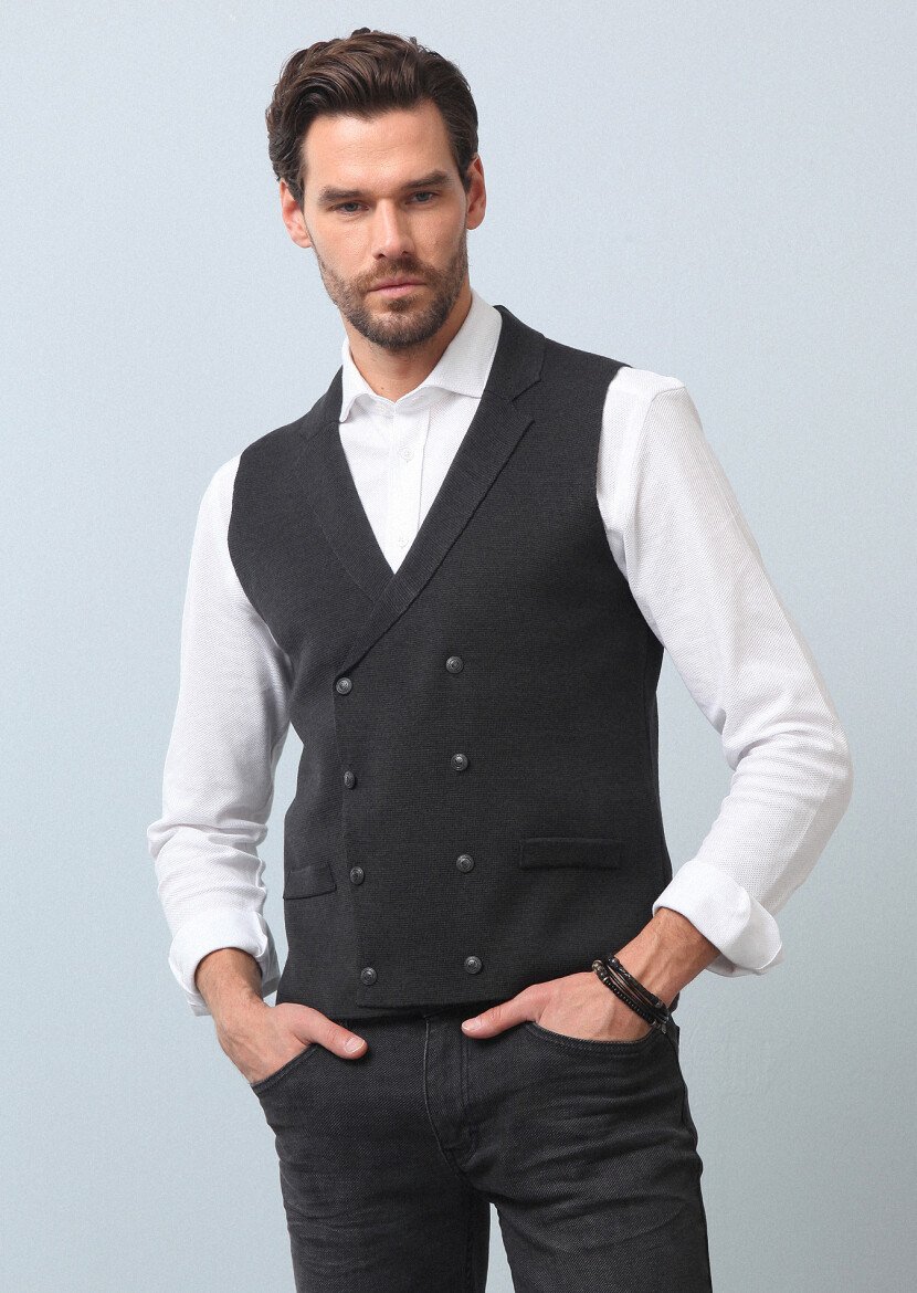 Hard Coal Plain Knitting Knit Vest - 1